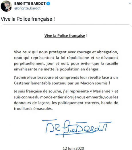 Screenshot_2020-06-13 BRIGITTE BARDOT sur Twitter Vive la Police française https t co g8OO76Xp4M Twitter.png